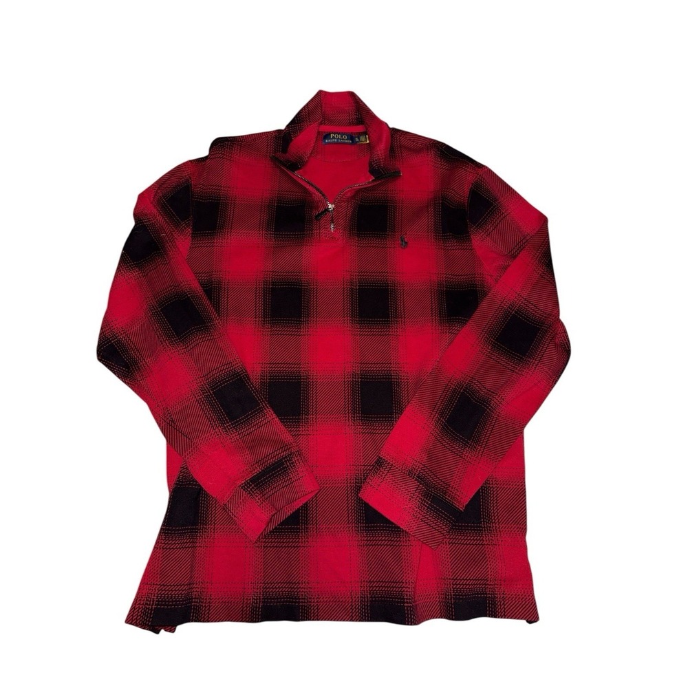Polo Ralph Lauren Quarter Zip Mens XL Red Black Buffalo Plaid Pullover Shirt